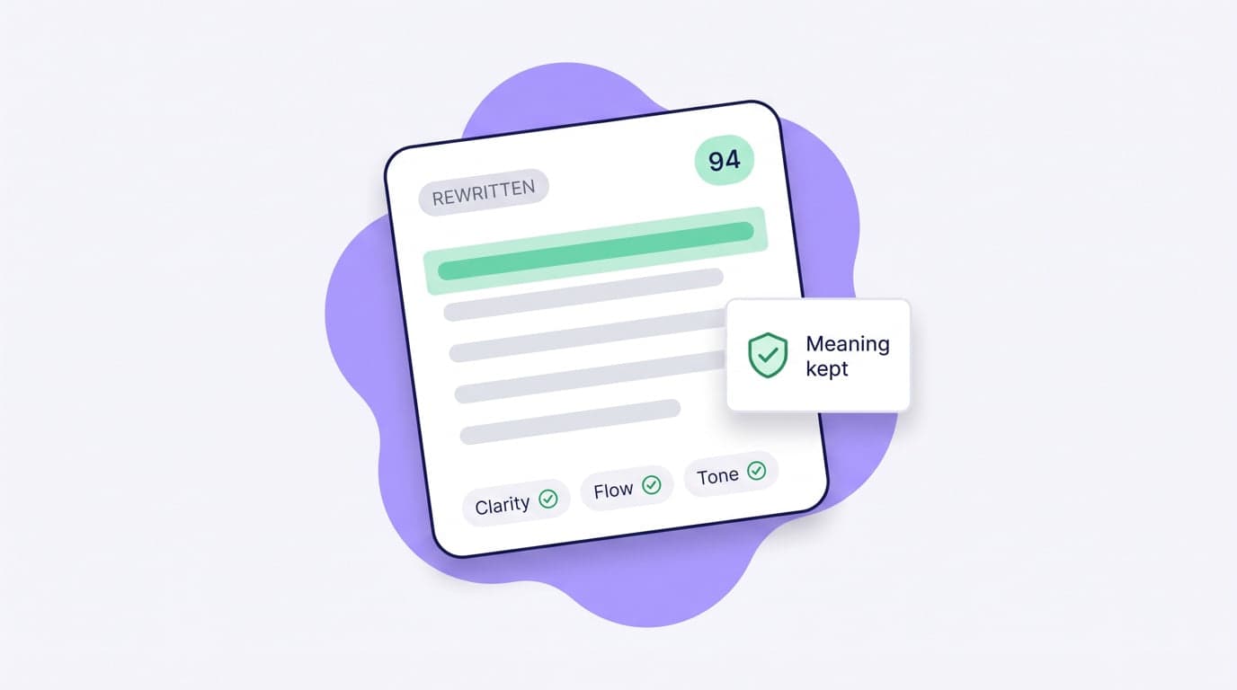 A rewritten draft scored 94 with clarity, flow and tone checks and meaning kept
